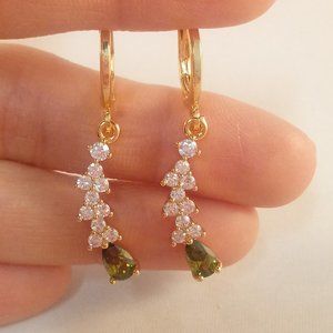 18K Yellow Gold Filled Peridot Green Diamond Zircon Flower Dangle Earrings .39ct